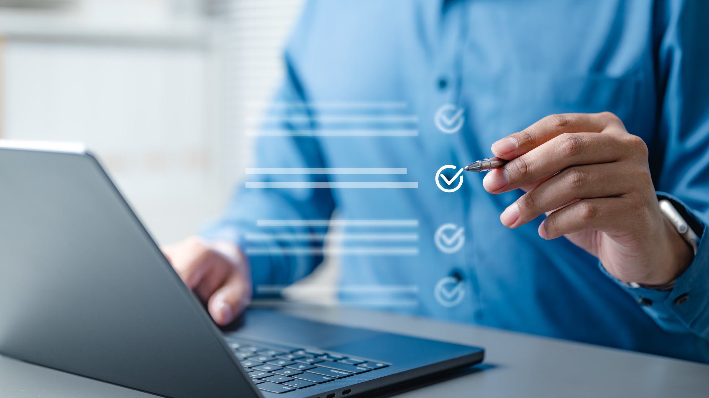 Checklist business report concept. Check mark opinion. Tick checkbox survey. Checkmark. laptop pen pinpoint touch selected choose tick confirm.