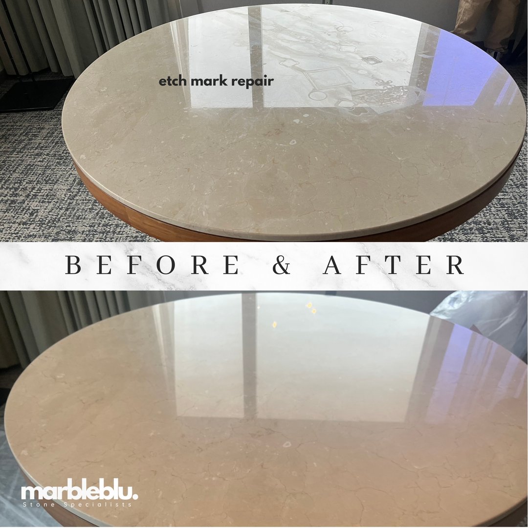 Marble countertop etch mark repair and restoration Nassau County - before and after tabletop polishing NY
