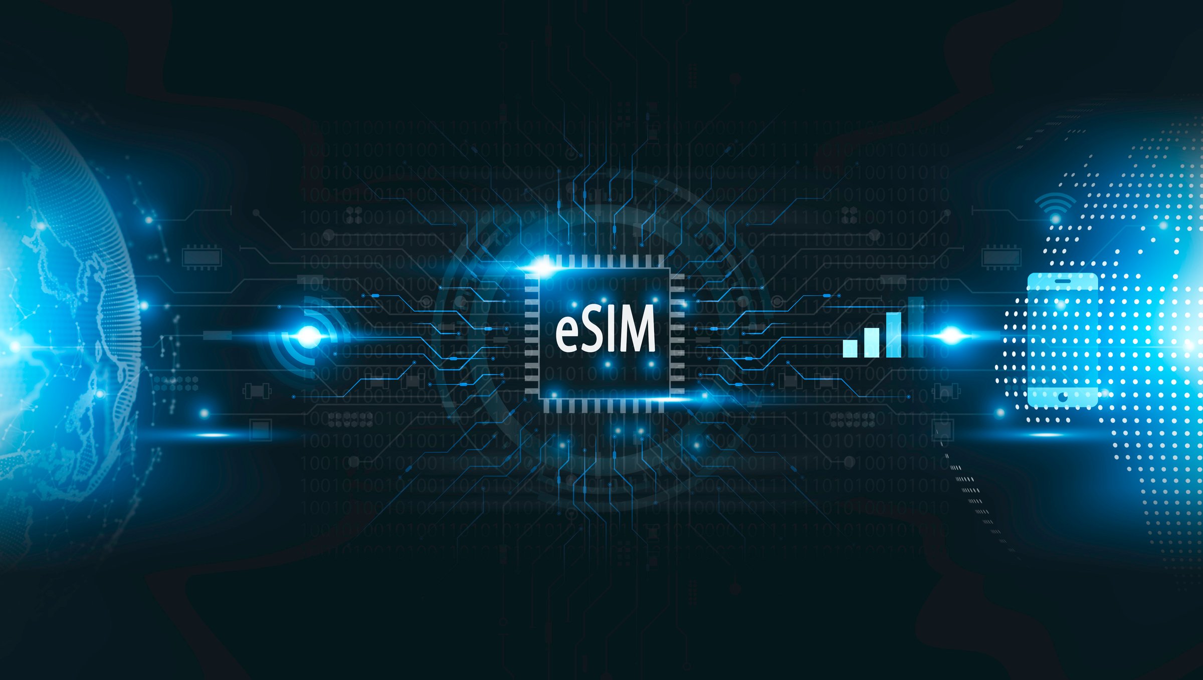 eSIM embedded background, SIM new mobile communication Ai technology, Digital electronic sim phone new mobile communication technology. technologies to cellular connection concept.