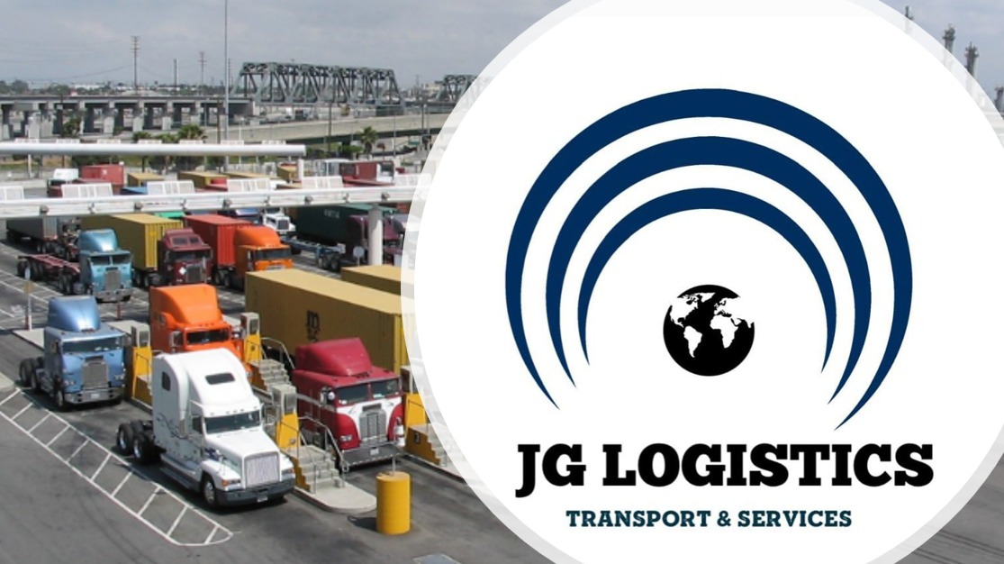 Trucks at a logistics hub with JG Logistics logo featuring a globe and curved lines. Text reads "JG Logistics Transport & Services."