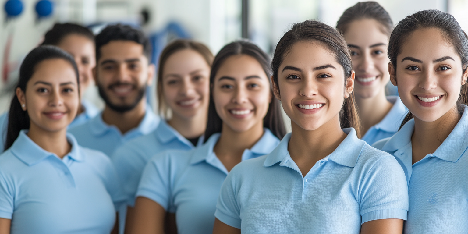 A group of smiling young adults in light blue polo shirts posing together indoors.