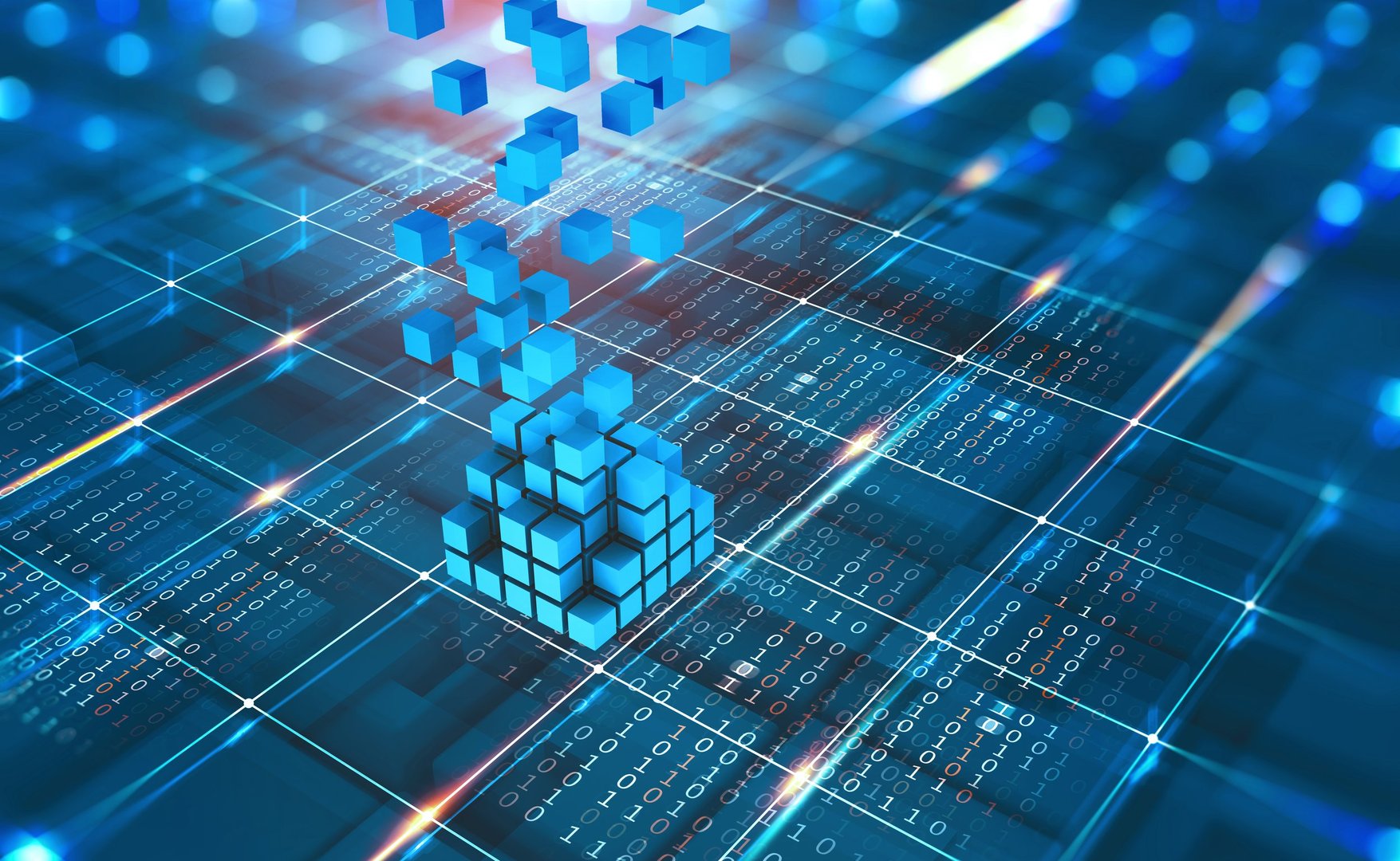 Digital cubes forming a futuristic structure over a grid background with binary code, symbolizing blockchain technology.