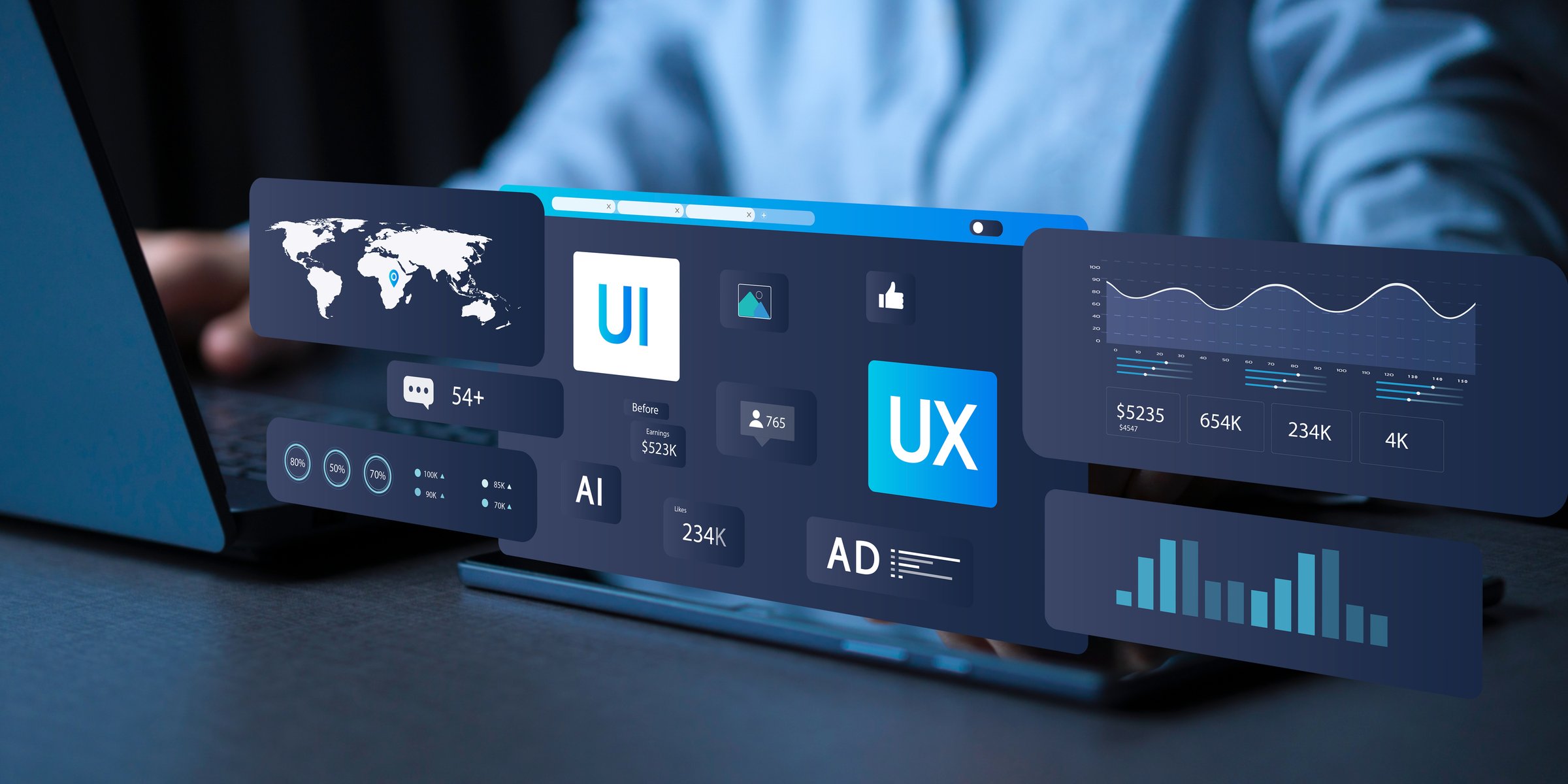 Entrepreneurs analyze data and user interfaces (UI/UX) in the digital world. Develop future-ready application interface layouts, online marketing, and digital development.