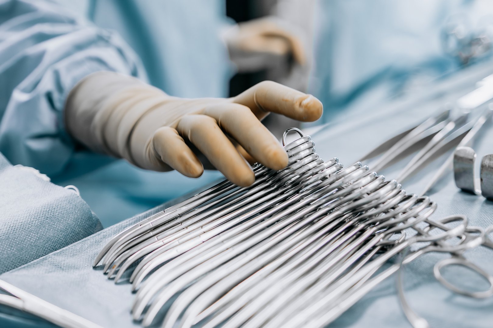Close-up of medical instruments placed on the operating table in the operating room. Concept high-tech equipment ready for a complex surgical procedure. Perfect for medical projects.