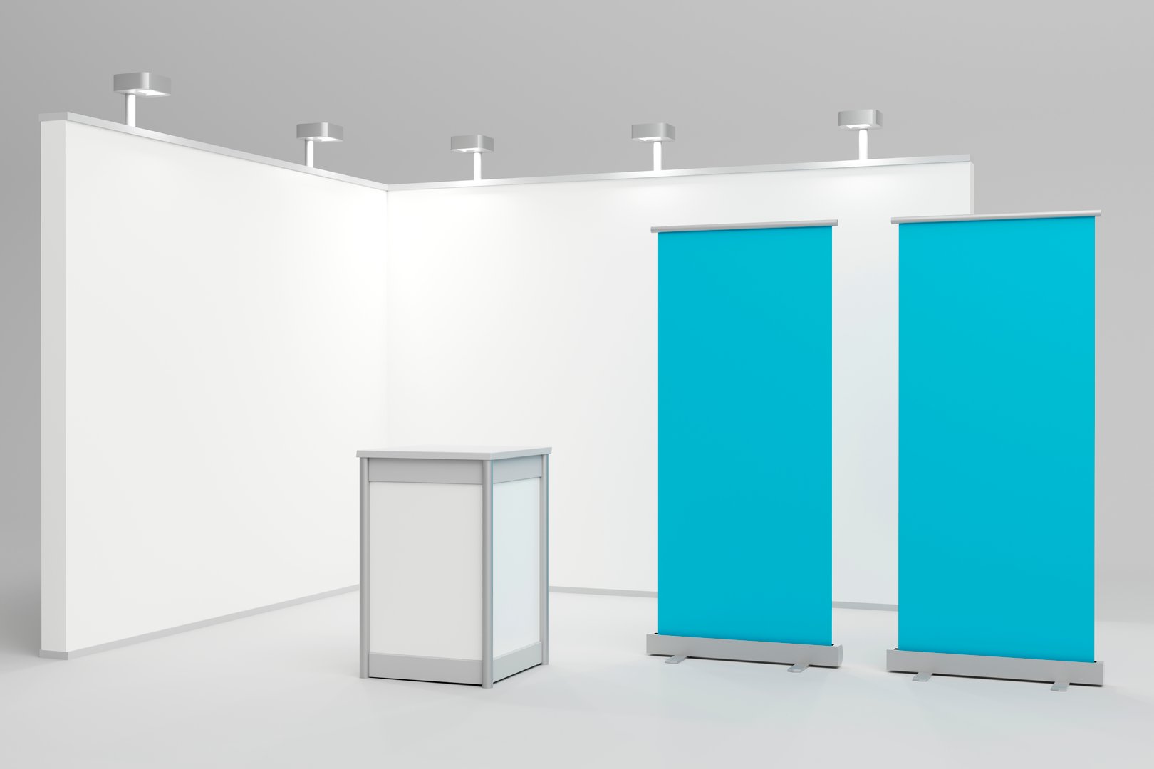 Exhibition setup featuring a clean white backdrop with spotlights, a central white podium, and two blue retractable banners. Ideal for branding and presentations.