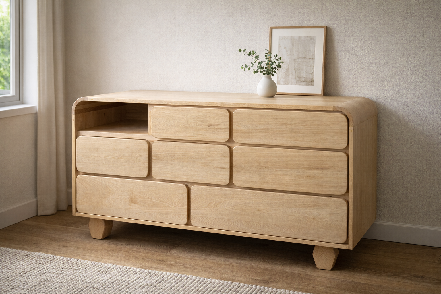 Cajonera Soft Blocks con 8 cajones y nicho abierto, líneas orgánicas y esquinas redondeadas en encino claro