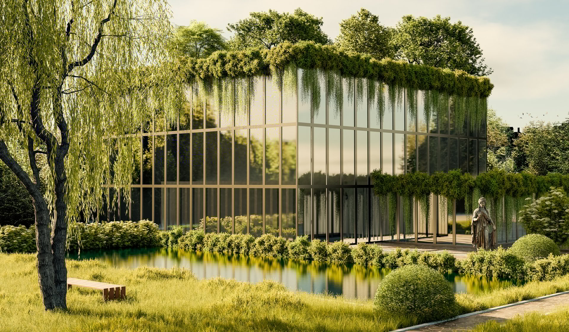 Modern Glass Building with Green Facade and Reflective Pond in Lush Garden - 3D Illustration (no KI)