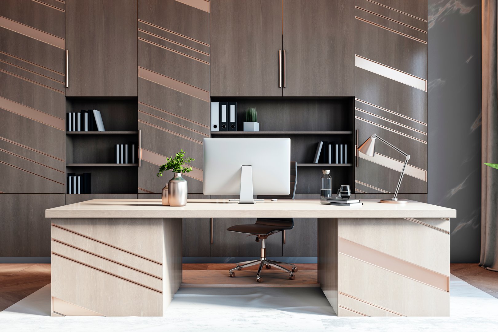 Modern executive office with a large desk, computer, and sleek wooden cabinets. Light-filled room. Concept of a professional workspace. 3D Rendering
