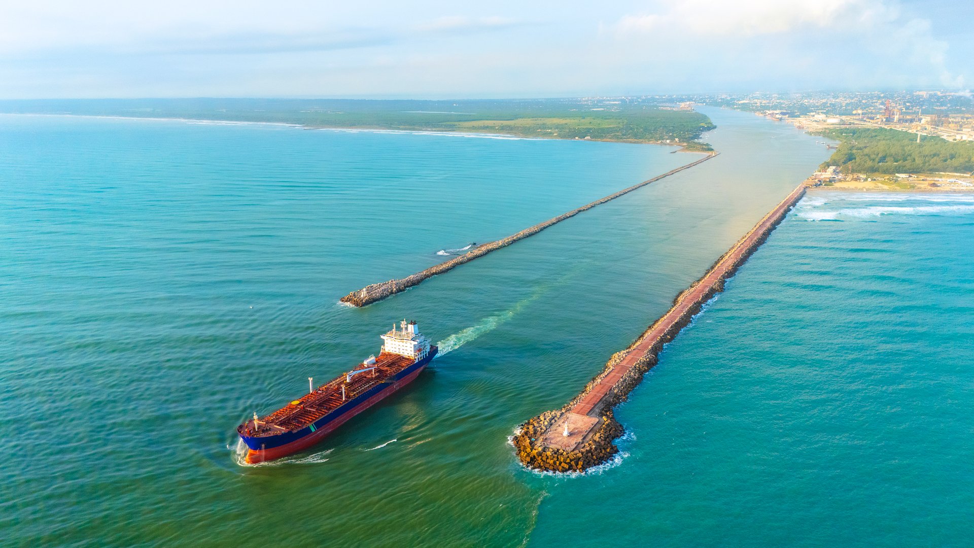 November 10, 2024, Tampico Tamaulipas, Mexico: A cargo ship leaves port along the Panuco River into the Gulf of Mexico.