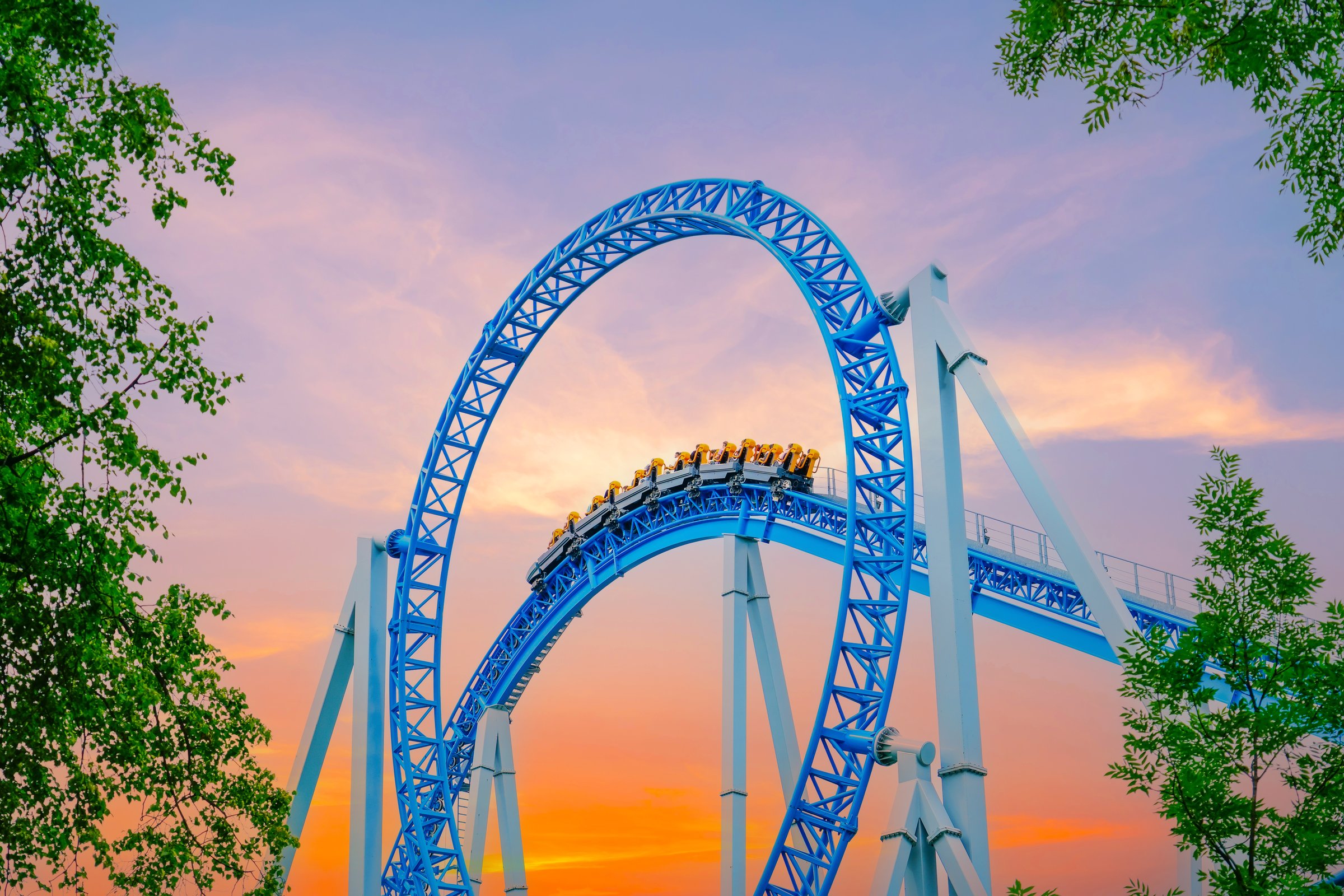 Roller coaster cart and people riding it goes through a loop upside down in green trees bushes city park sky sunset. Loop metal frame roller coaster in an amusement park.
