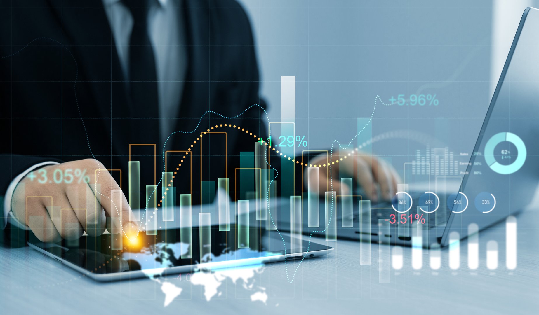 Businessman analyzing data sales and financial graph chart. Business development strategy,analysis and planning.Financial marketing graph and profit stock market