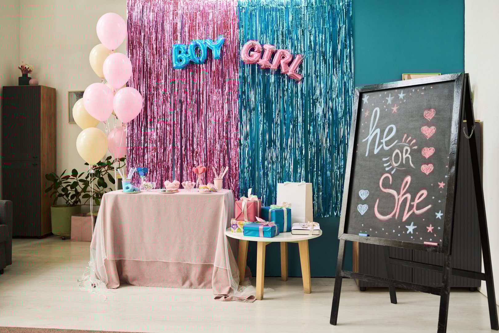 Decorated gender reveal party setup featuring pink and blue balloons, table with sweets and gifts, metallic fringe backdrop with boy and girl signs, chalkboard reading he or she