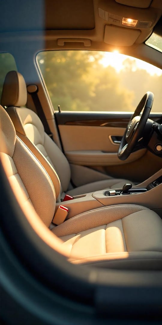 Interior del coche con asientos de cuero beige y volante, bañado por la cálida luz del sol que entra por la ventana.