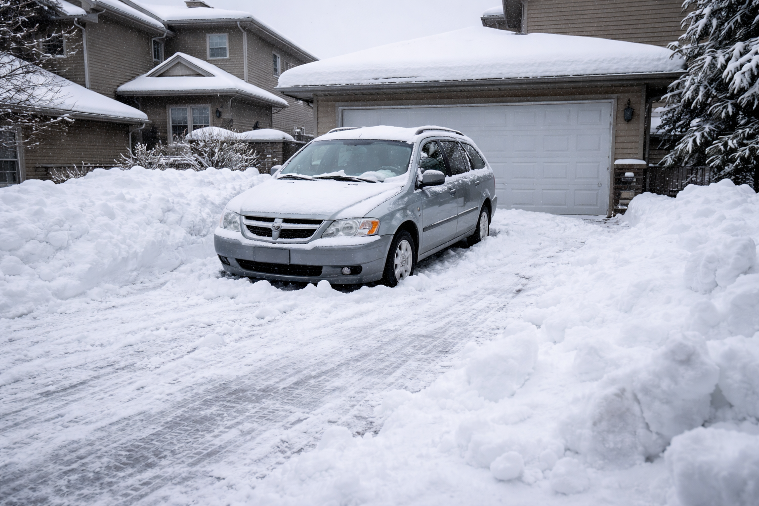 Snowstorm buries silver Dodge Caravan