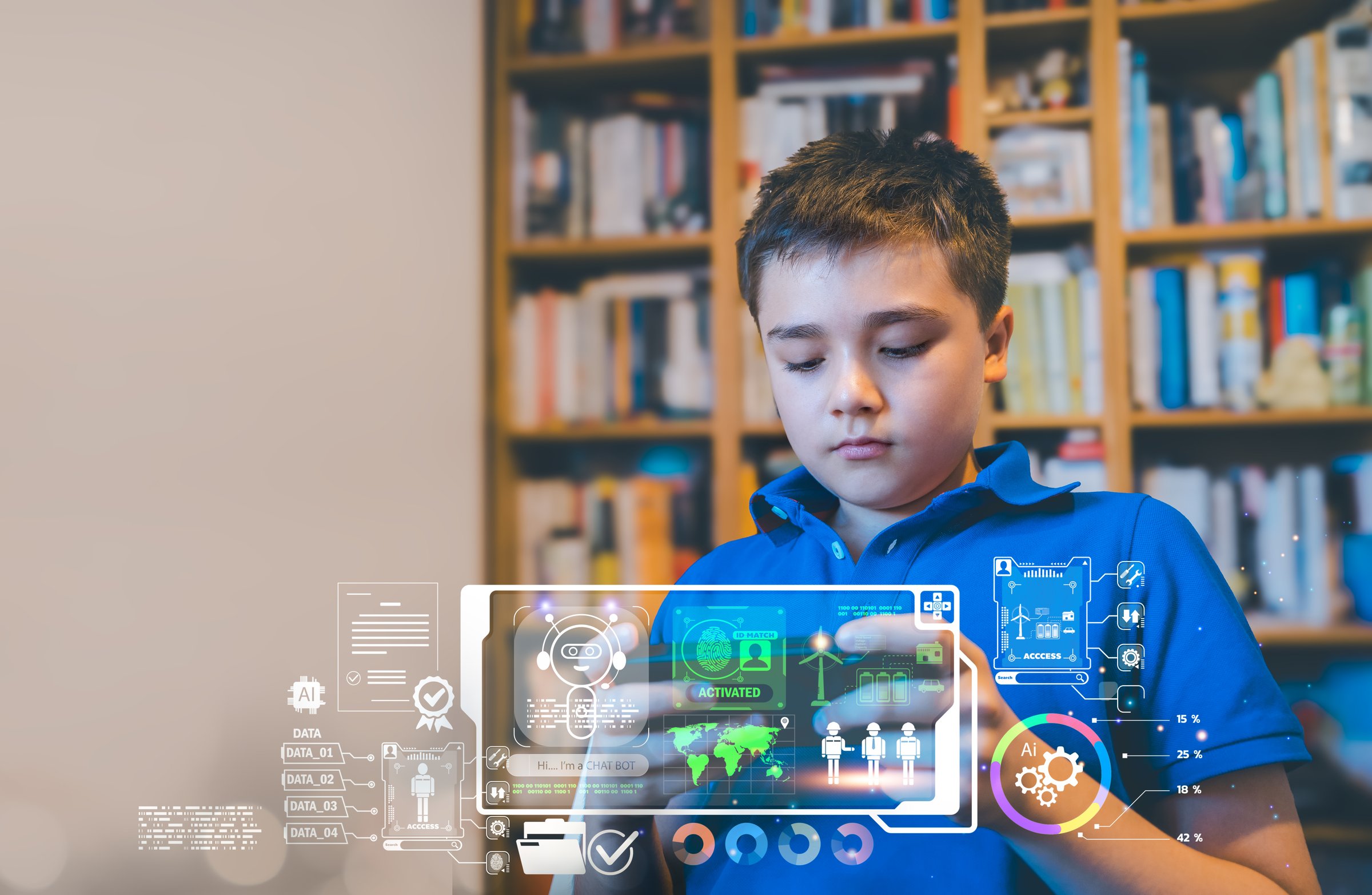 Boy using smartphone with futuristic AI,digital interface of humanity,technology,environment in library with digital tool.Concept Education future learning,Renewable energy for school project STEM