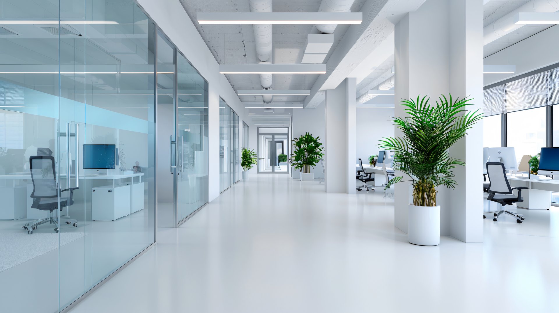 Clean and bright modern office interior featuring a spacious hallway, glass partitions, lush green plants, and contemporary design elements. Ideal for showcasing corporate environments, professional workspaces, and modern business architecture.