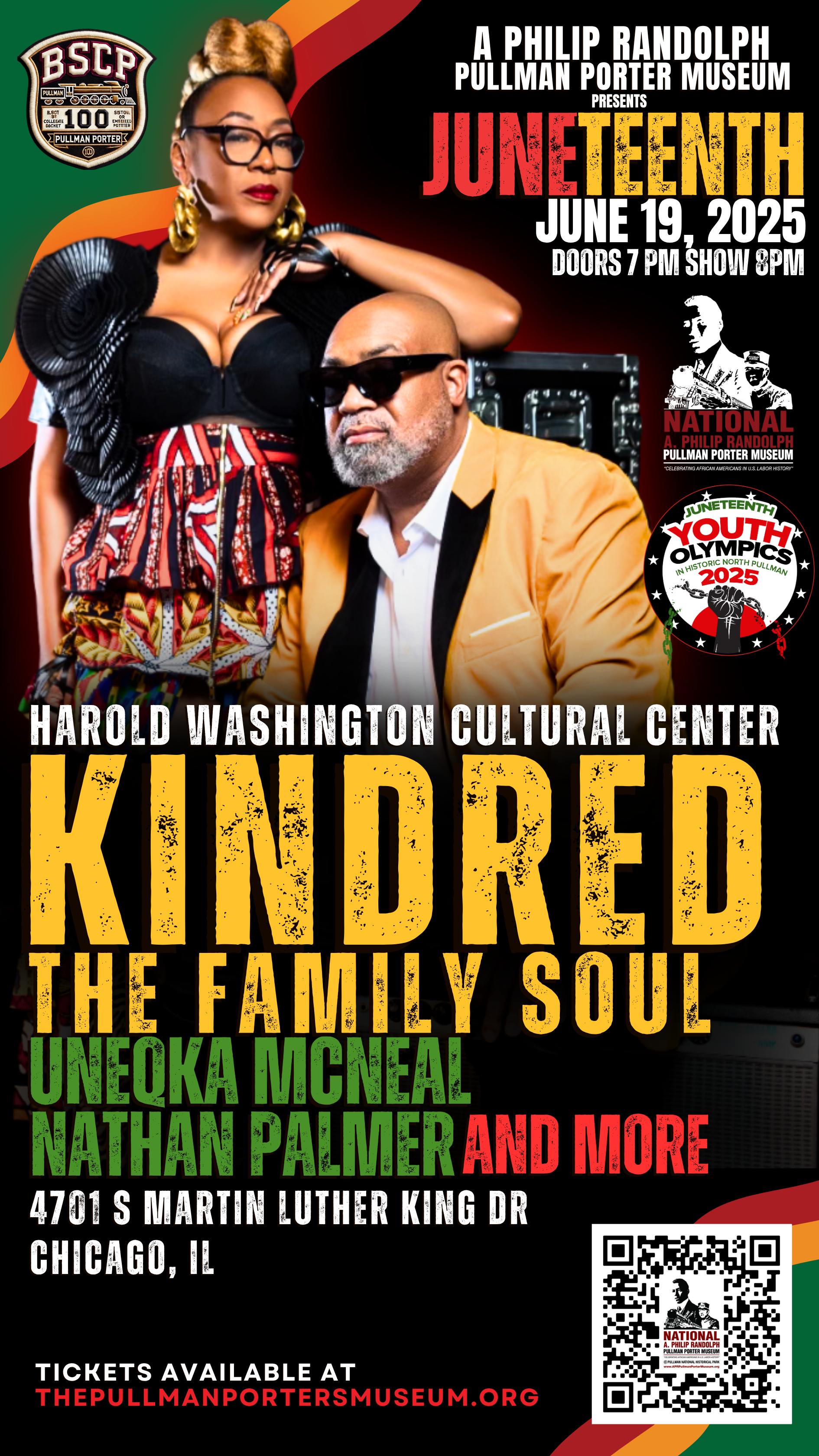 Poster for a Juneteenth event featuring Kindred the Family Soul on June 19, 2025, at the Harold Washington Cultural Center.