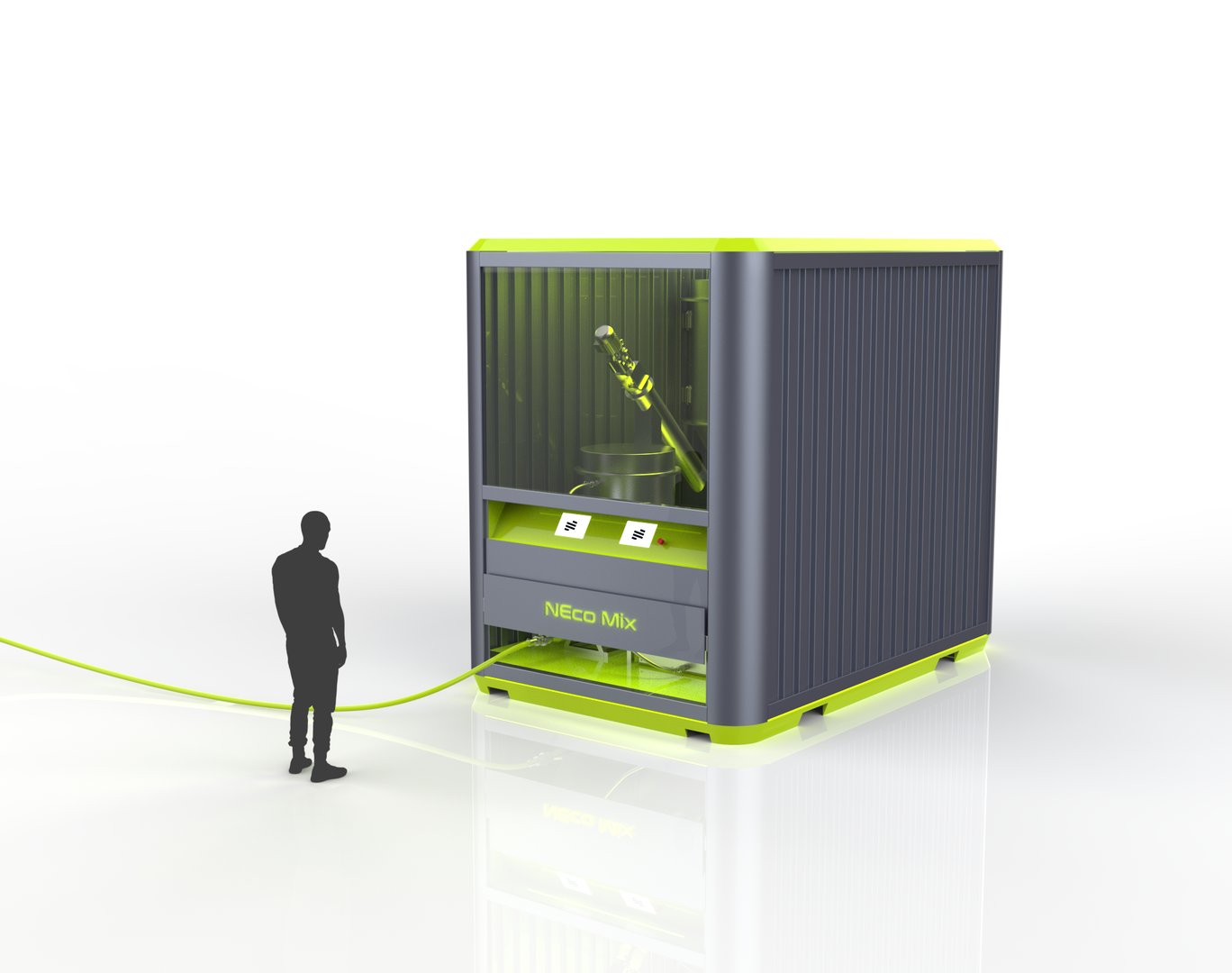 A gray and green NEO Mix machine with a drill inside, next to a silhouetted figure, highlighting its large size.