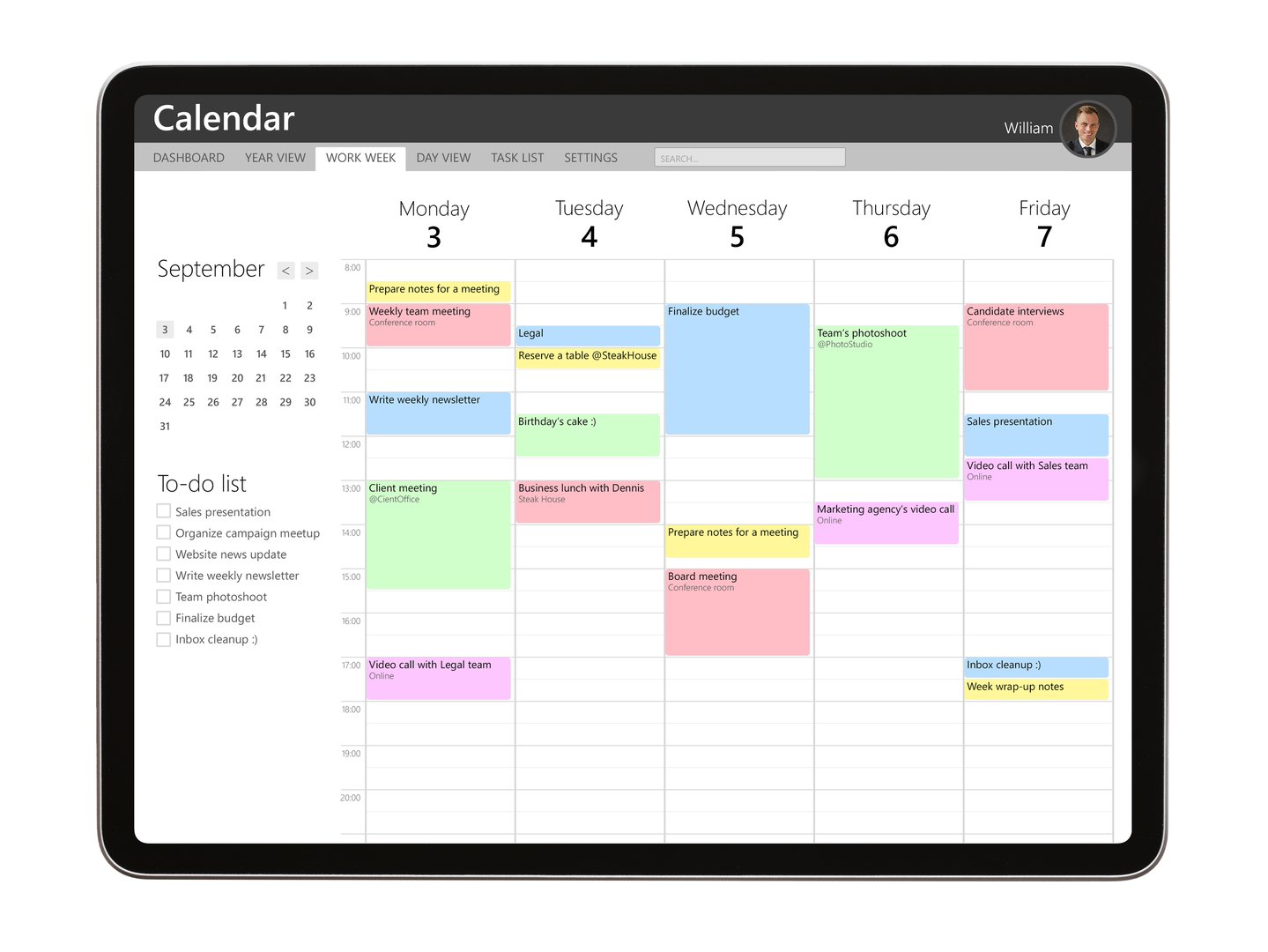 Calendar app sample interface design on tablet computer isolated on white
