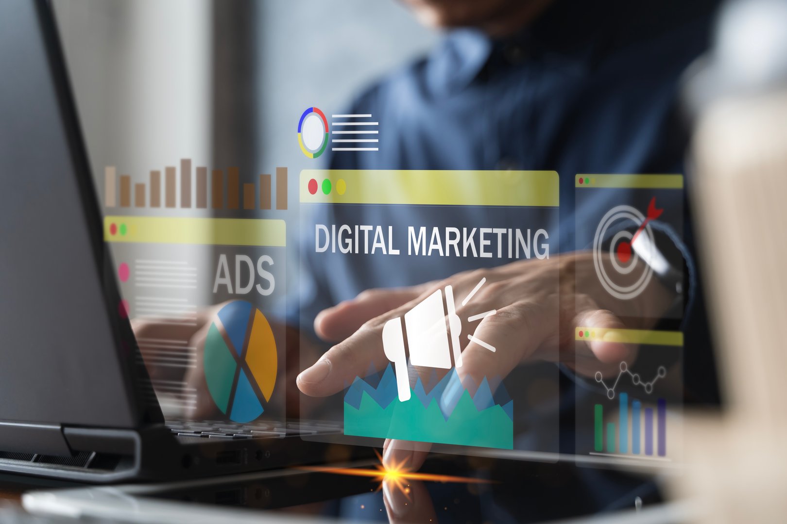 Digital marketing concept with virtual analytics, advertising, SEO, and online strategy icons over laptop keyboard. Business growth data analysis, and targeted online campaign planning for success.