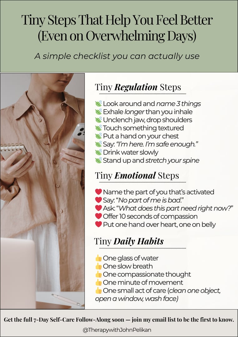 Self-care checklist with regulation steps, emotional steps, and daily habits for managing overwhelming days