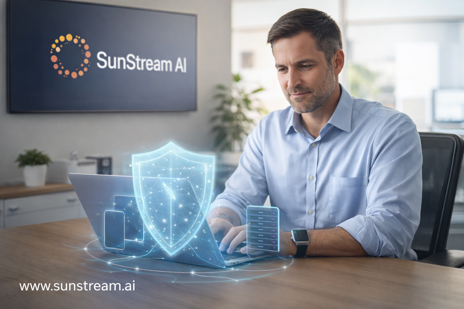 Focused business owner with digital security