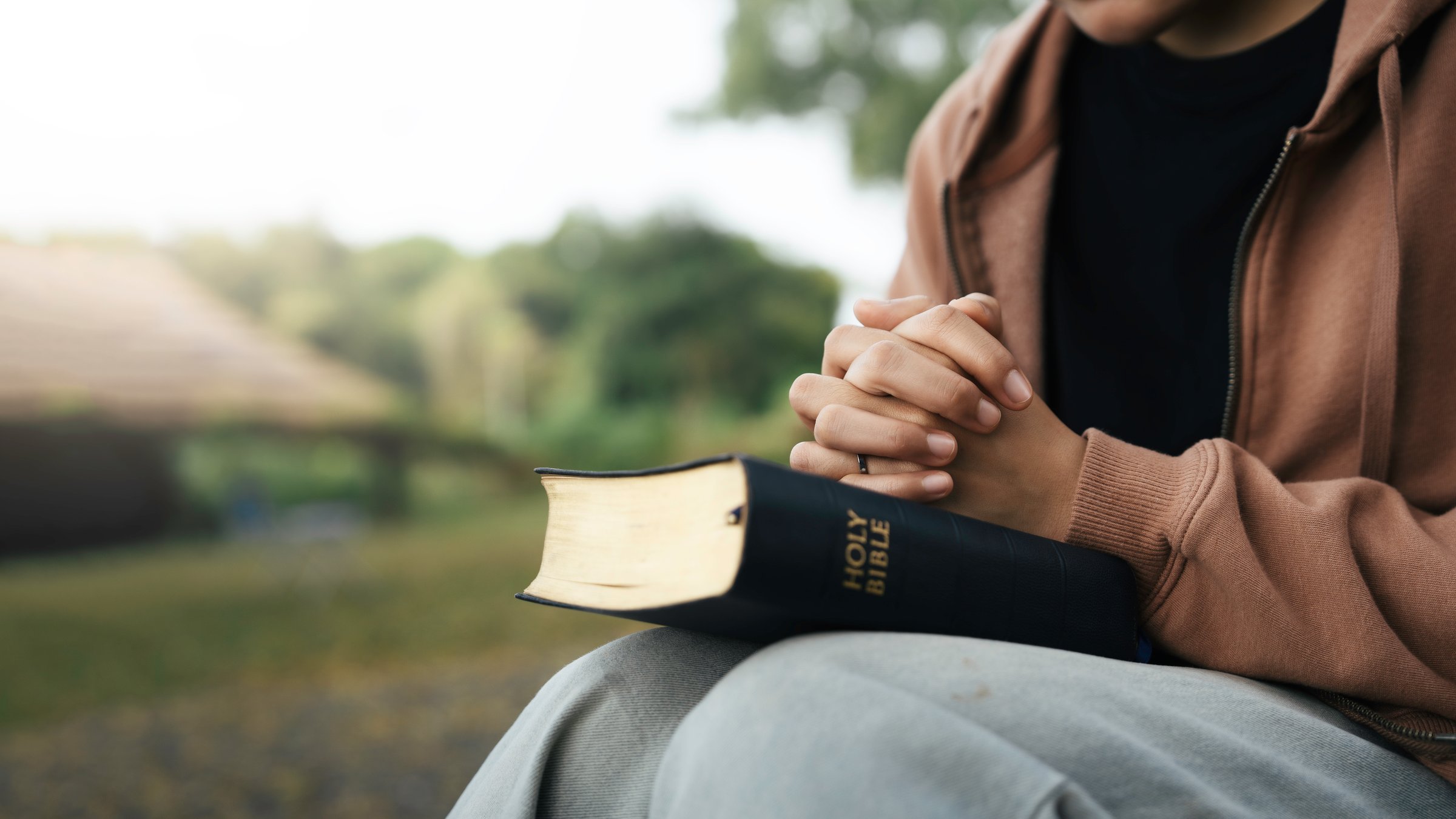 Christian pray and worship god with belief and spirituality. Hand praying and praise with the holy bible in nature. young woman prayer confession sin for seeking peace relationship in Jesus christ