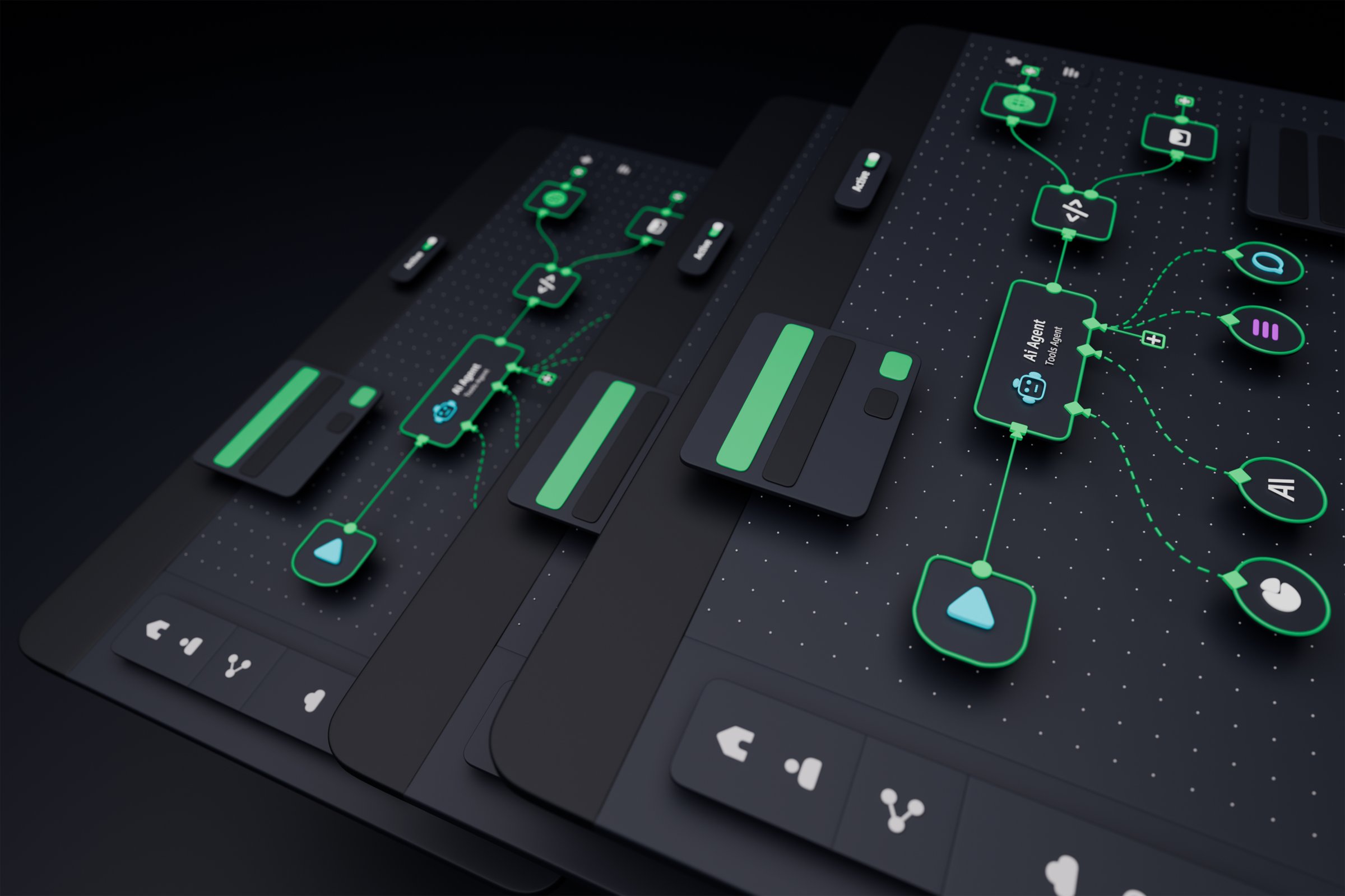 AI workflow automation artificial intelligence software interface nodes triggers data tool dashboard coding icon flow process technology 3d rendering.