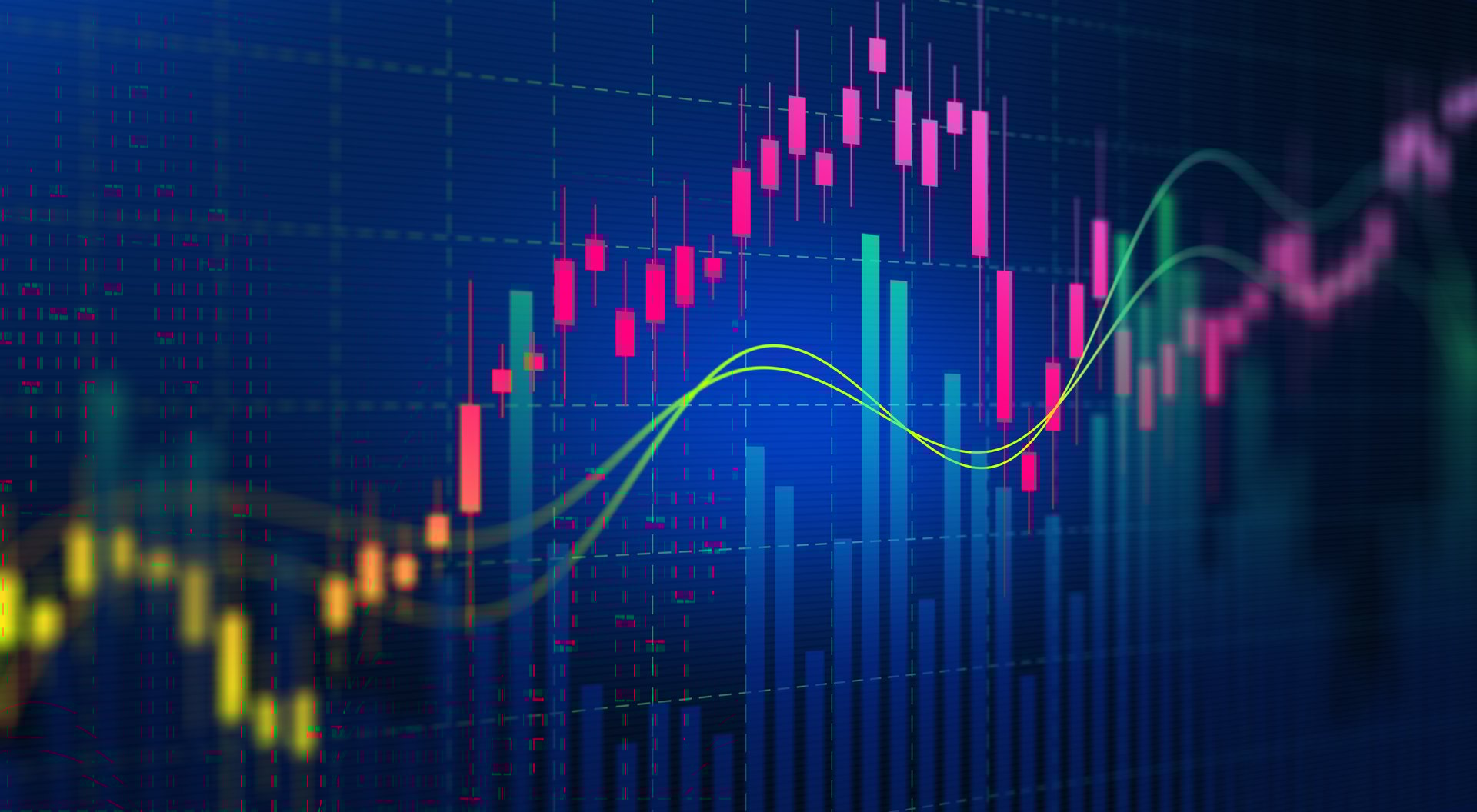 Stock graph and chart with business candlestick. Financial static analysis with growing financial charts. Online trading, Investment, Strategy market plan, and Stock market fluctuations Concept.