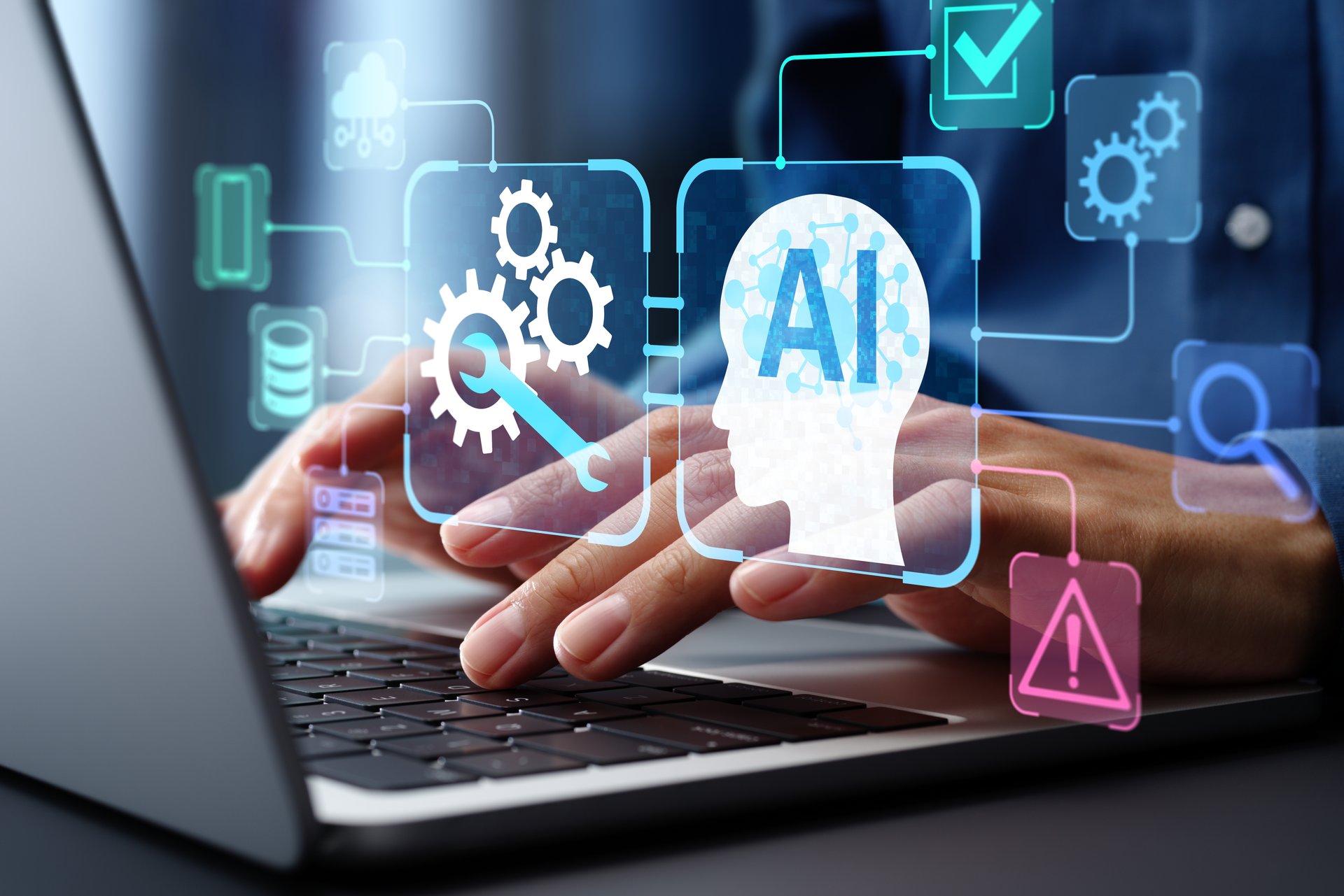 AI-driven automated maintenance and system updates. Problem detection and resolution automation. Engineer using laptop computer to instruct AI for maintenance.