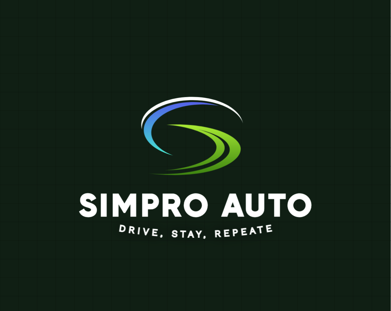 Logo for Simpro Auto featuring a stylized road design above the text "Drive, Stay, Repete" on a dark green background.