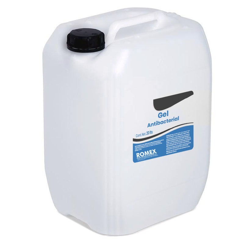 White plastic container labeled Gel Antibacterial with a black cap and blue label detailing product information.