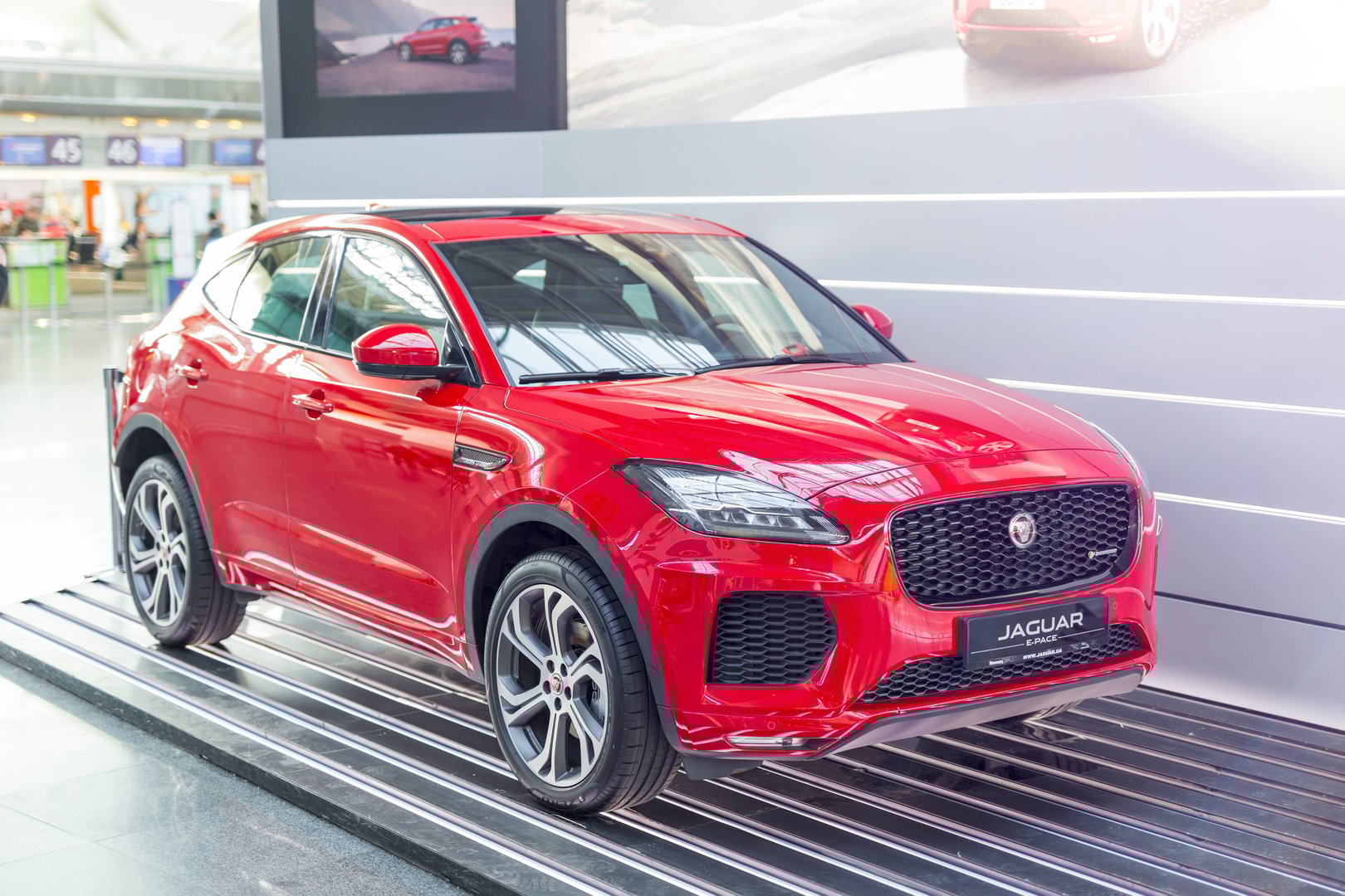 Boryspil  airport, Kiev, Ukraine - January 26, 2018: Jaguar E-Pace R-dynamic sport version exhibited at Kiev internatiol airport Boryspil.
