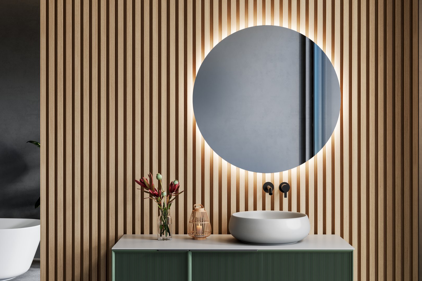 Close-up of a modern bathroom vanity with a glass vase holding flowers, a wooden candle lantern, and a ceramic basin against a wooden slatted wall. 3D rendering