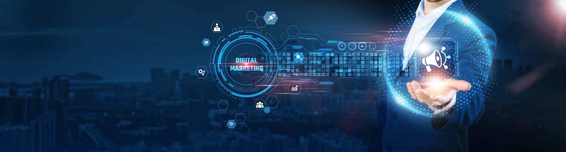 Digital Marketing: Businessman holding marketing icon and data exchanges representing strategic connection on city background, audience targeting, brand visibility, customer acquisition.