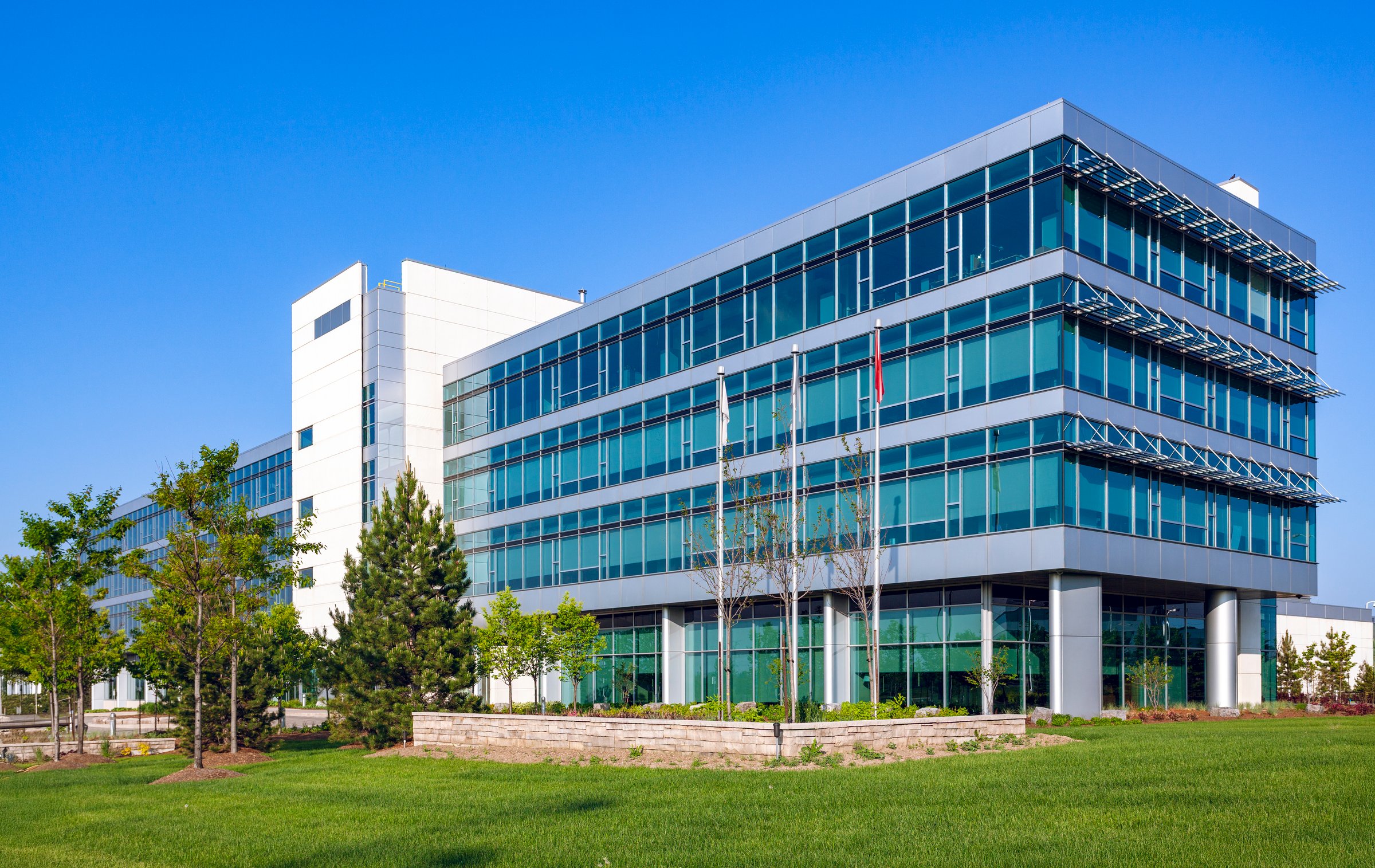 Office Park with Modern glass-fronted commercial building