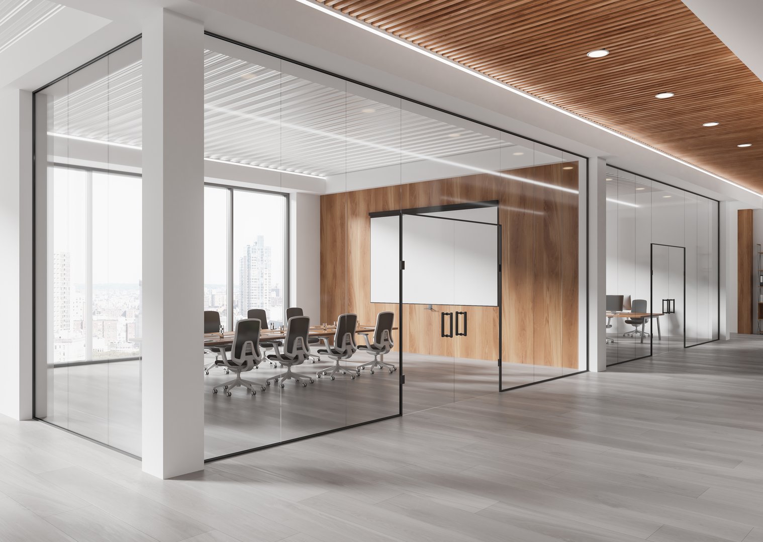 Contemporary office interior with glass partitions, wood paneling, and gray flooring, featuring an open space concept and a city view background. 3D Rendering.