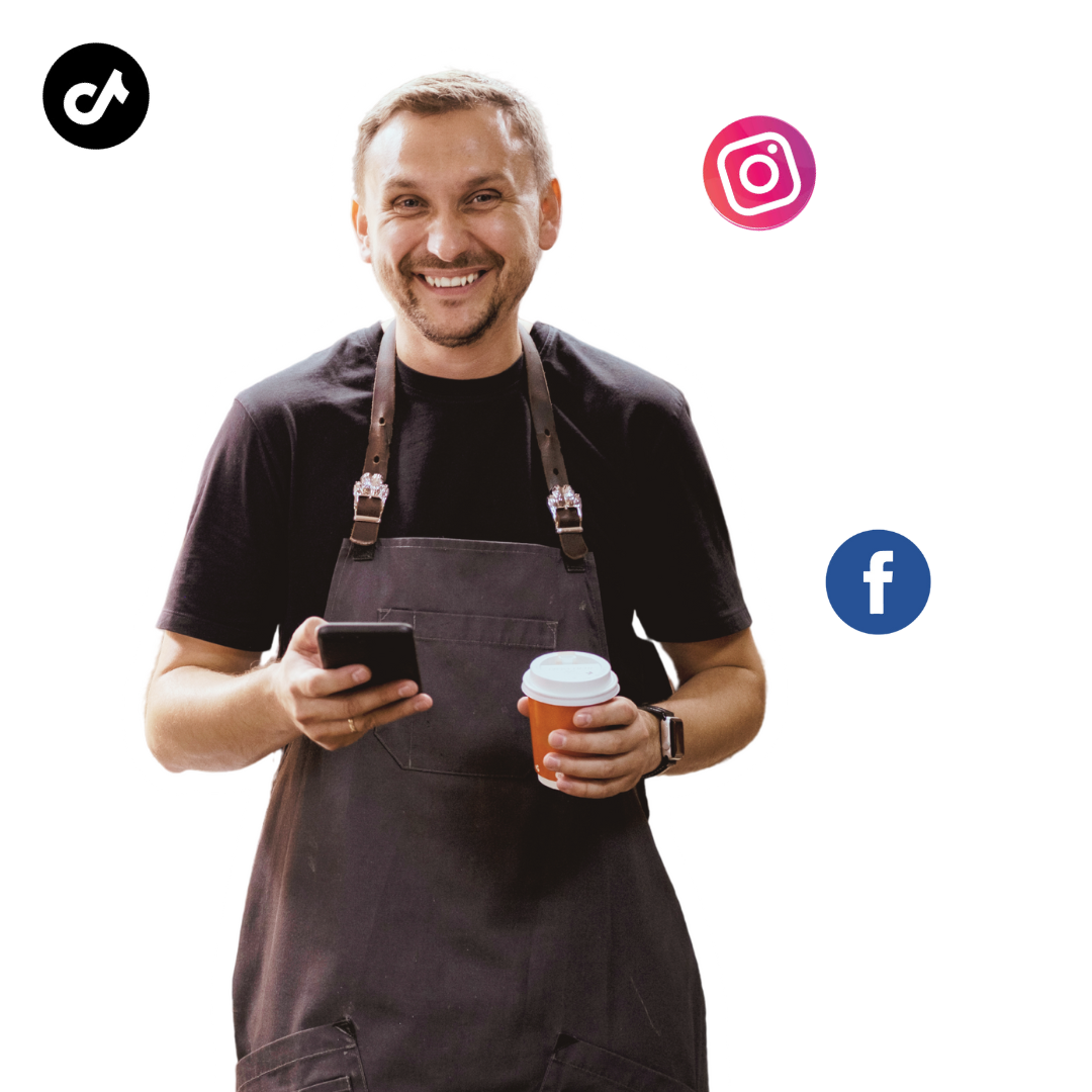 Smiling barista holding a coffee cup and smartphone, with social media icons for Instagram and Facebook in the background.