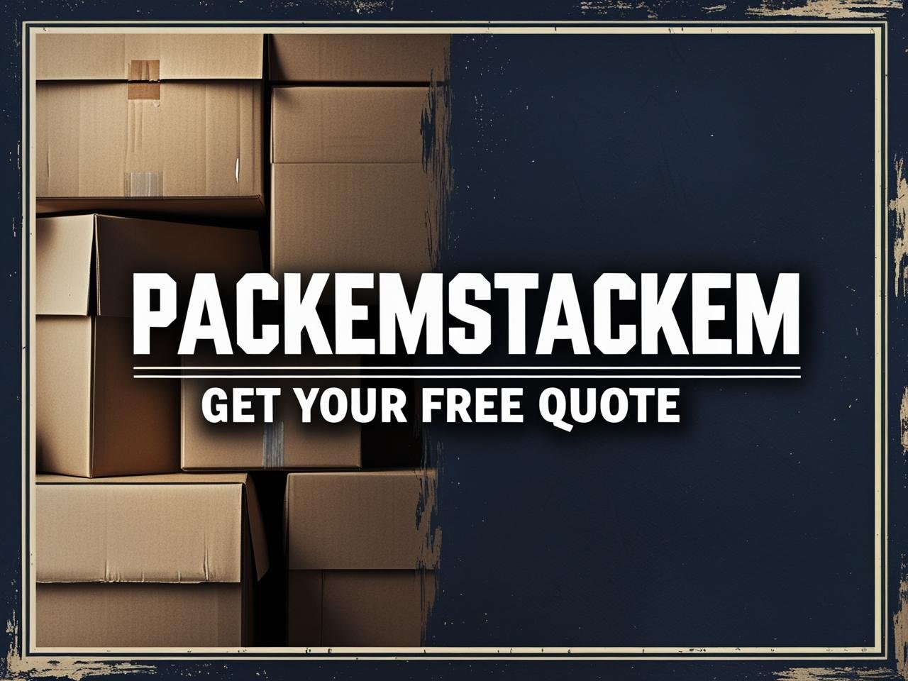 PackEmStackEm Get Your Free Quote sign with dark blue background and packing boxes