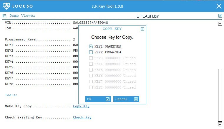 Lock50 TagPro SW09 JLR key tool software showing key position selection interface for KVM MCU dump key copy