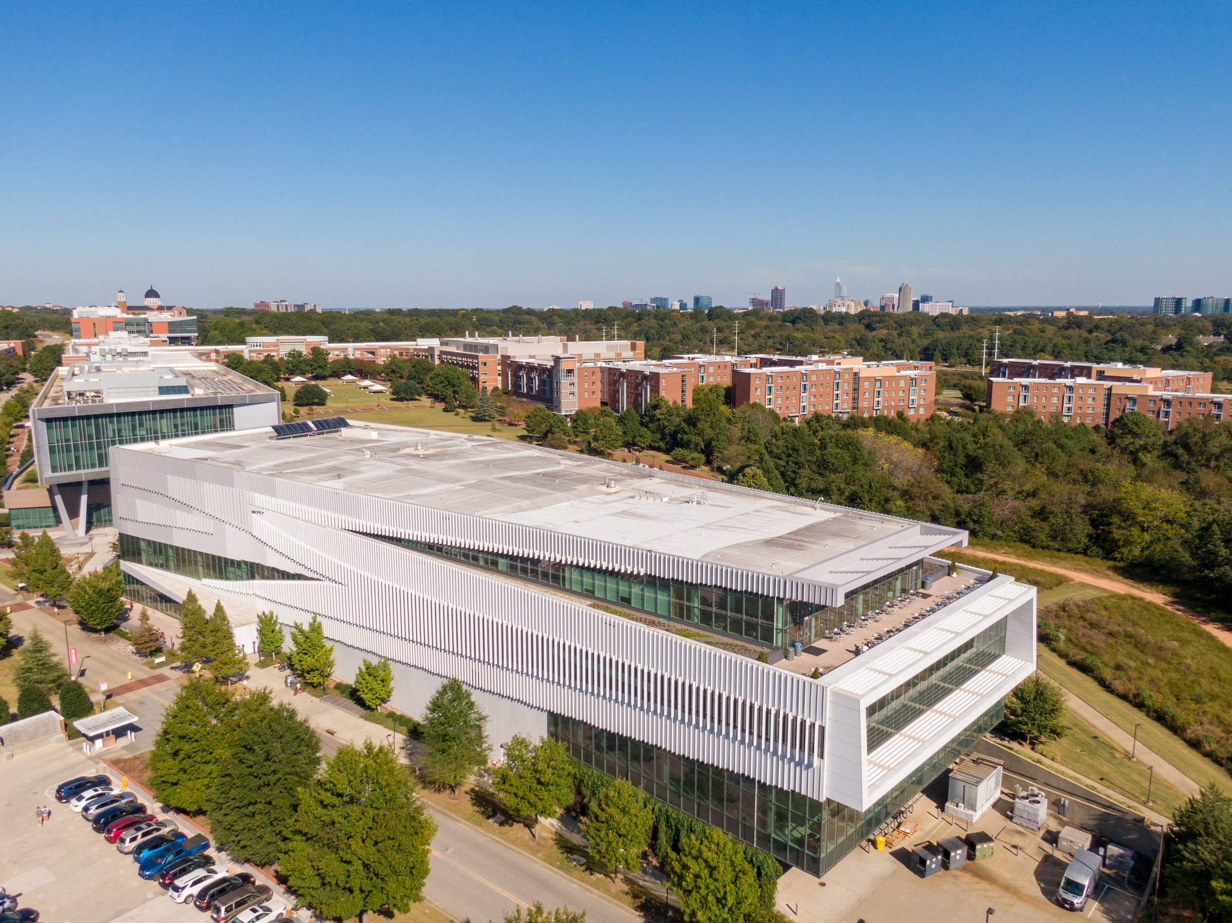 Aerial Drone View of the James B. Hunt Jr. Library at North Carolina State University Centennial Campus in Raleigh, NC.
