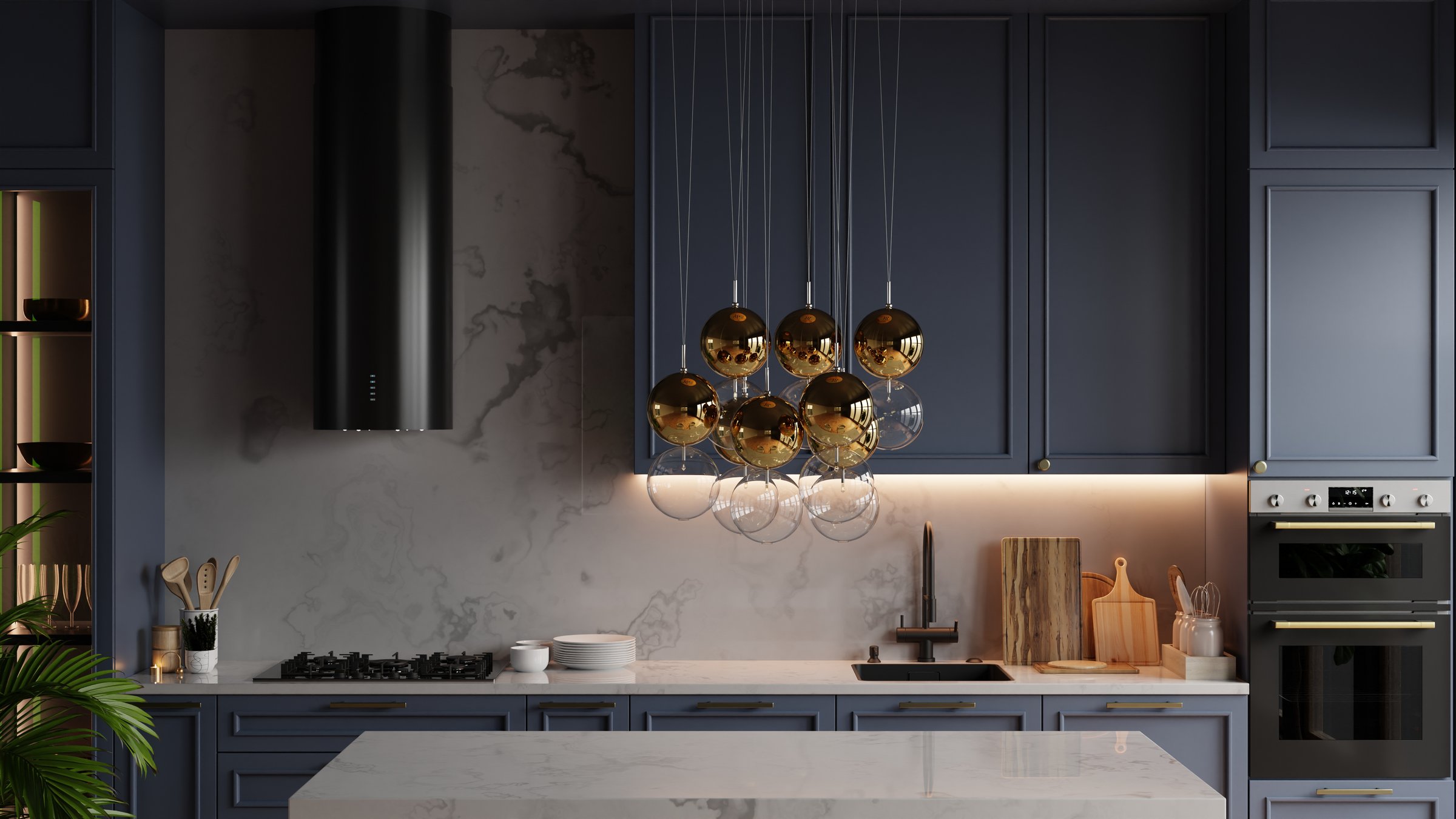 Modern kitchen showcases a sleek, minimalist design with deep blue cabinetry and a luxurious marble countertop on wooden flooring against a dark blue wall- 3D rendering