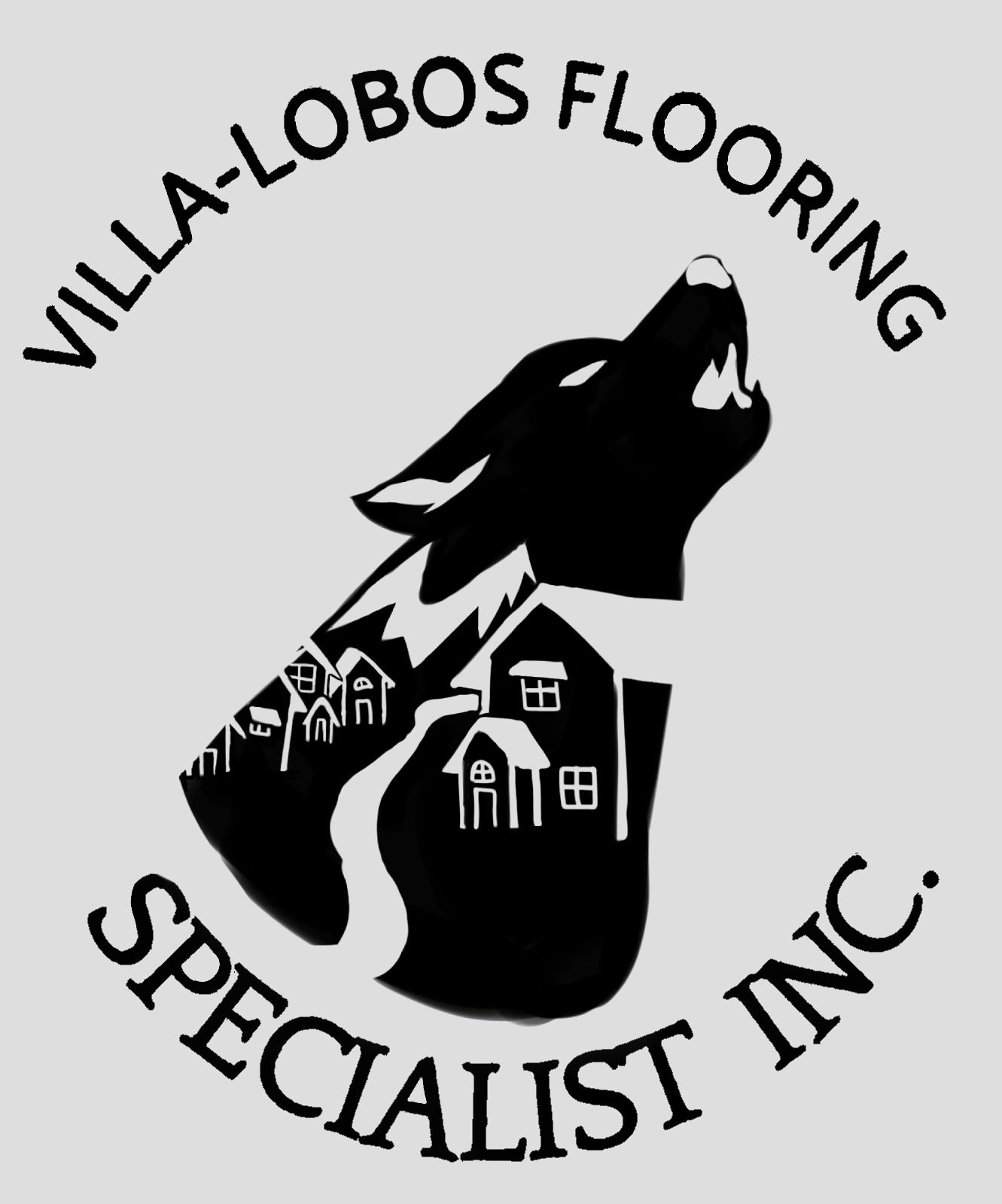 Logo of Villa-Lobos Flooring Specialist Inc. featuring a wolf silhouette with houses inside, surrounded by text.