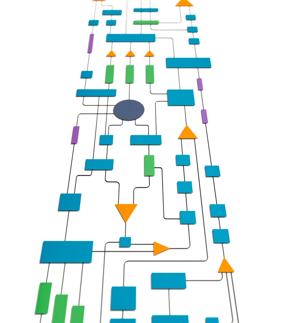 Business flow chart, strategy, plan, industrial process, decision tree. Chart with elements, connected lines, and geometric shapes. Map, chart, node tree, conncection. 3D illustration