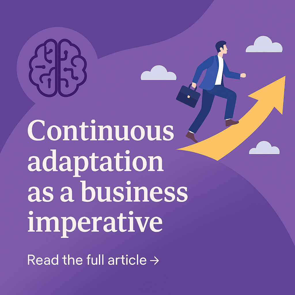 Businessman climbing arrow with text: "Continuous adaptation as a business imperative. Read the full article."