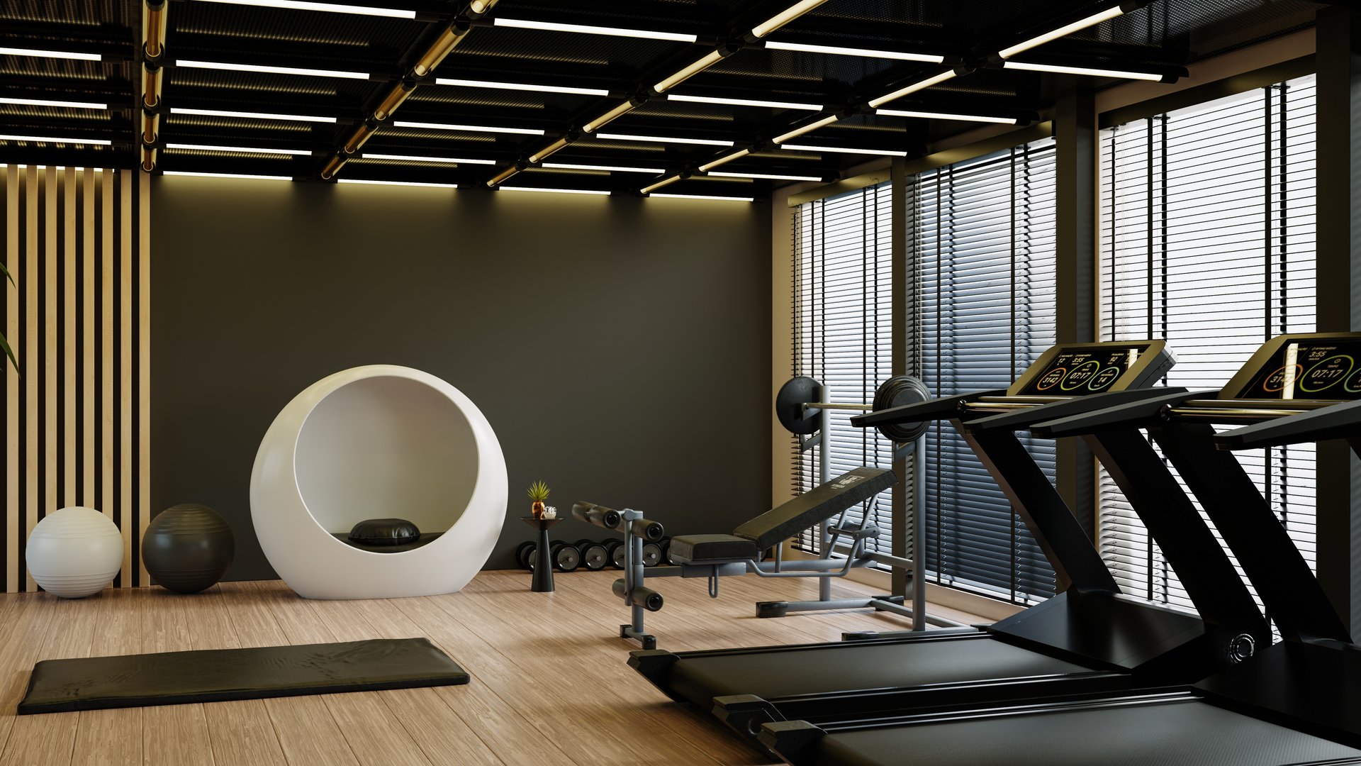 Stylish home gym interior featuring treadmills, weight benches, dumbbells, yoga mat, and balance balls. Includes a unique white meditation pod and vertical wooden slats- 3D rendering