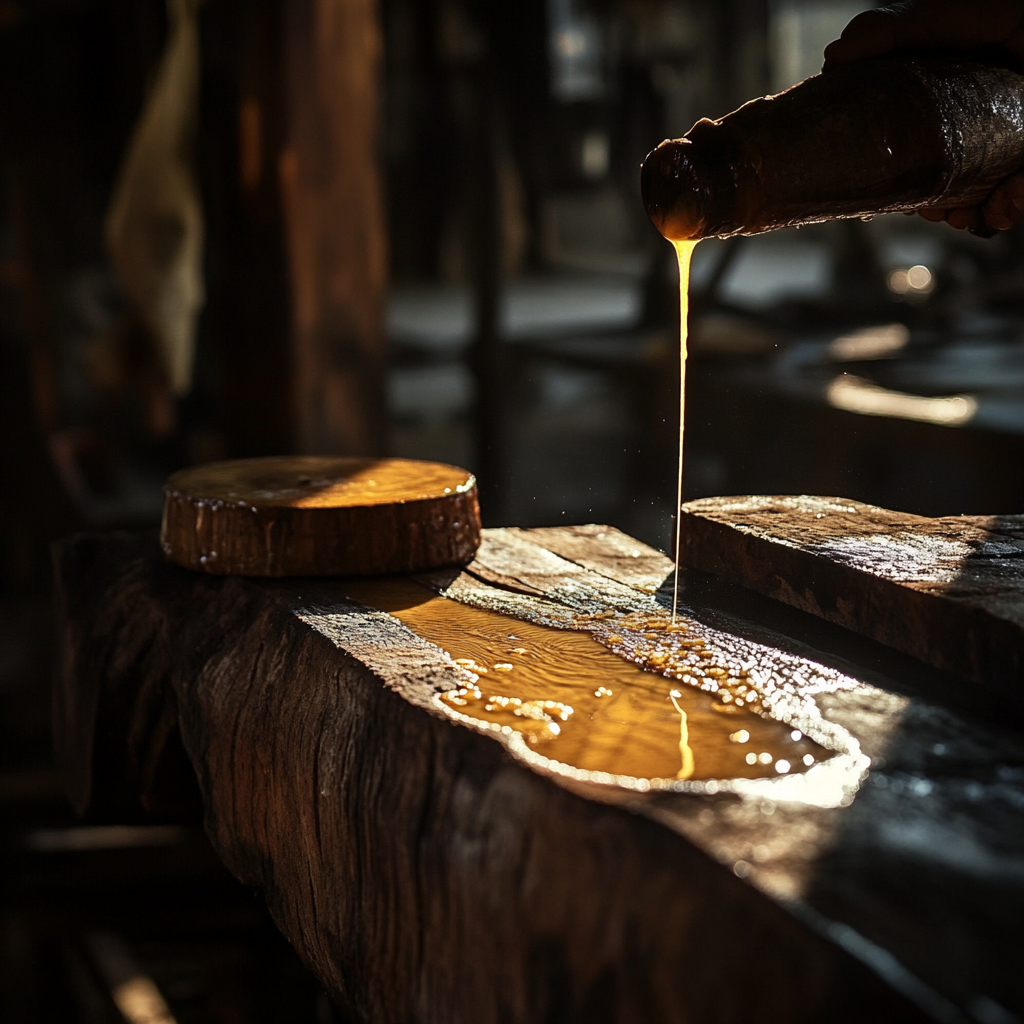 A person pouring honey-like liquid onto a wooden surface in a dimly lit room, with wooden barrels in the background.