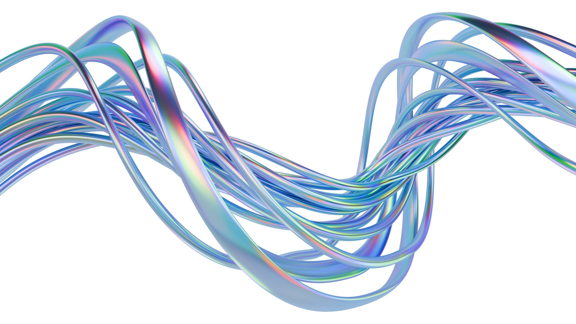 Abstract twisted metallic wires. Isolated holographic cables for technology design. 3D rendered art