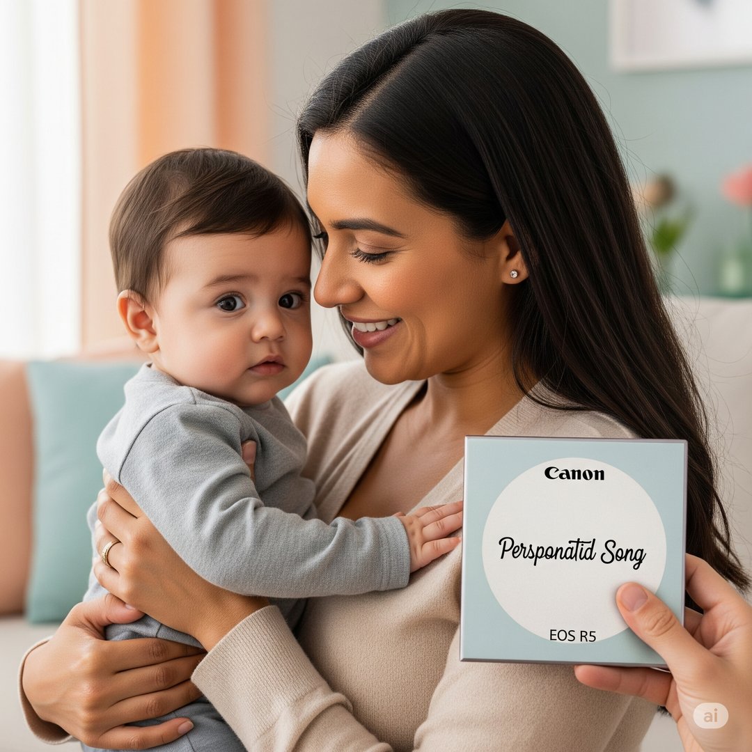 Woman holding a baby while another hand presents a Canon EOS R5 box labeled Personalized Song.