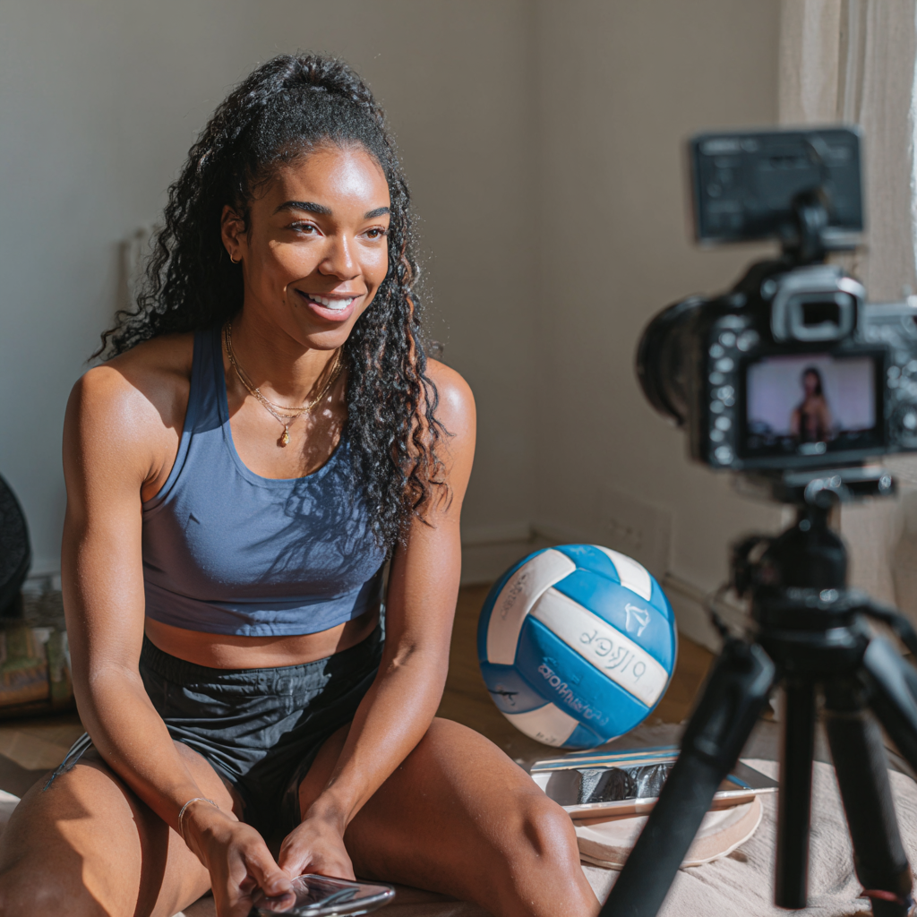 Smiling black teenager wearing blue sports uniform stand confidently on grassy field while looking at camera with copy space. Portrait of confident student girl athlete smiling with dental device at school gymnasium. Fitness girl enjoy sports time in school during gymnastics class.